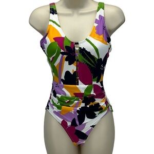 Anne Cole Side Ruched Scoop Back Floral Print One Piece Swimsuit - size 6